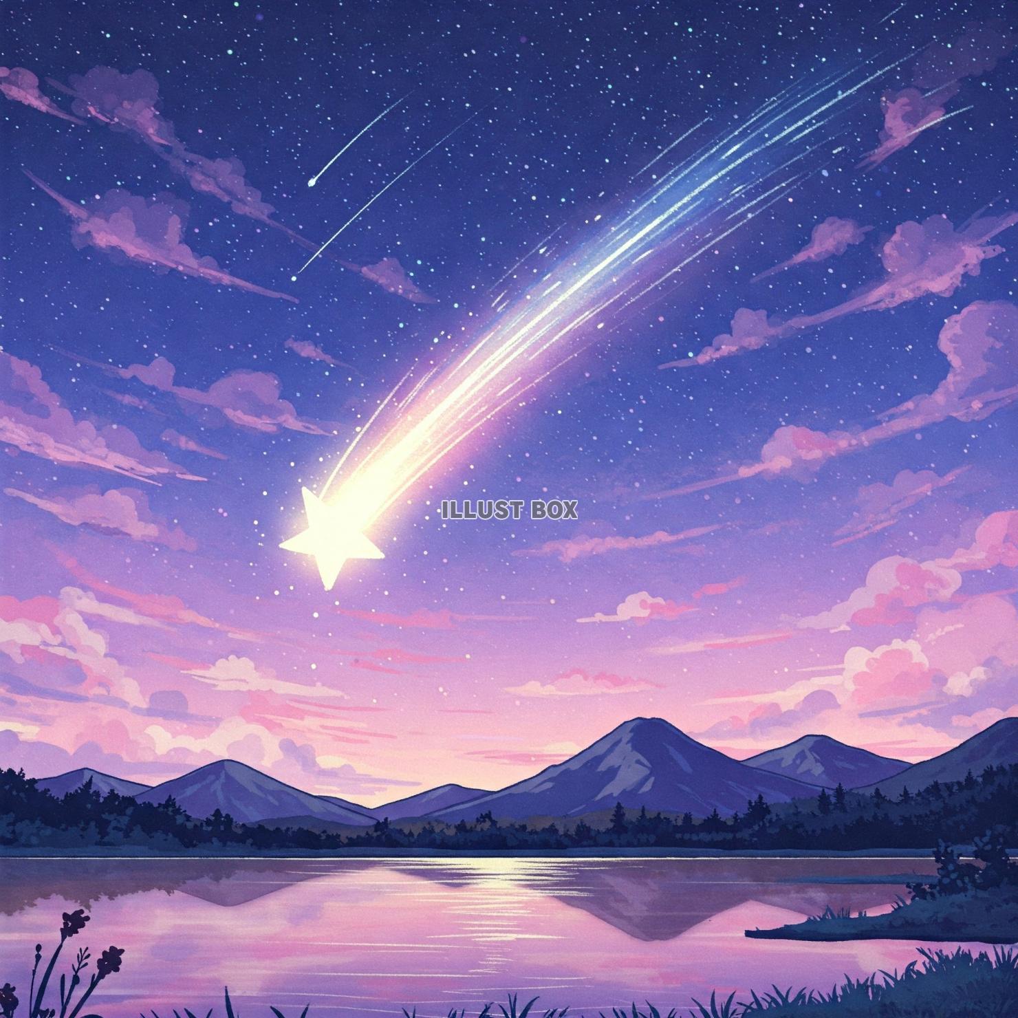 夜空に流れる幻想的な彗星と富士山のイラスト３