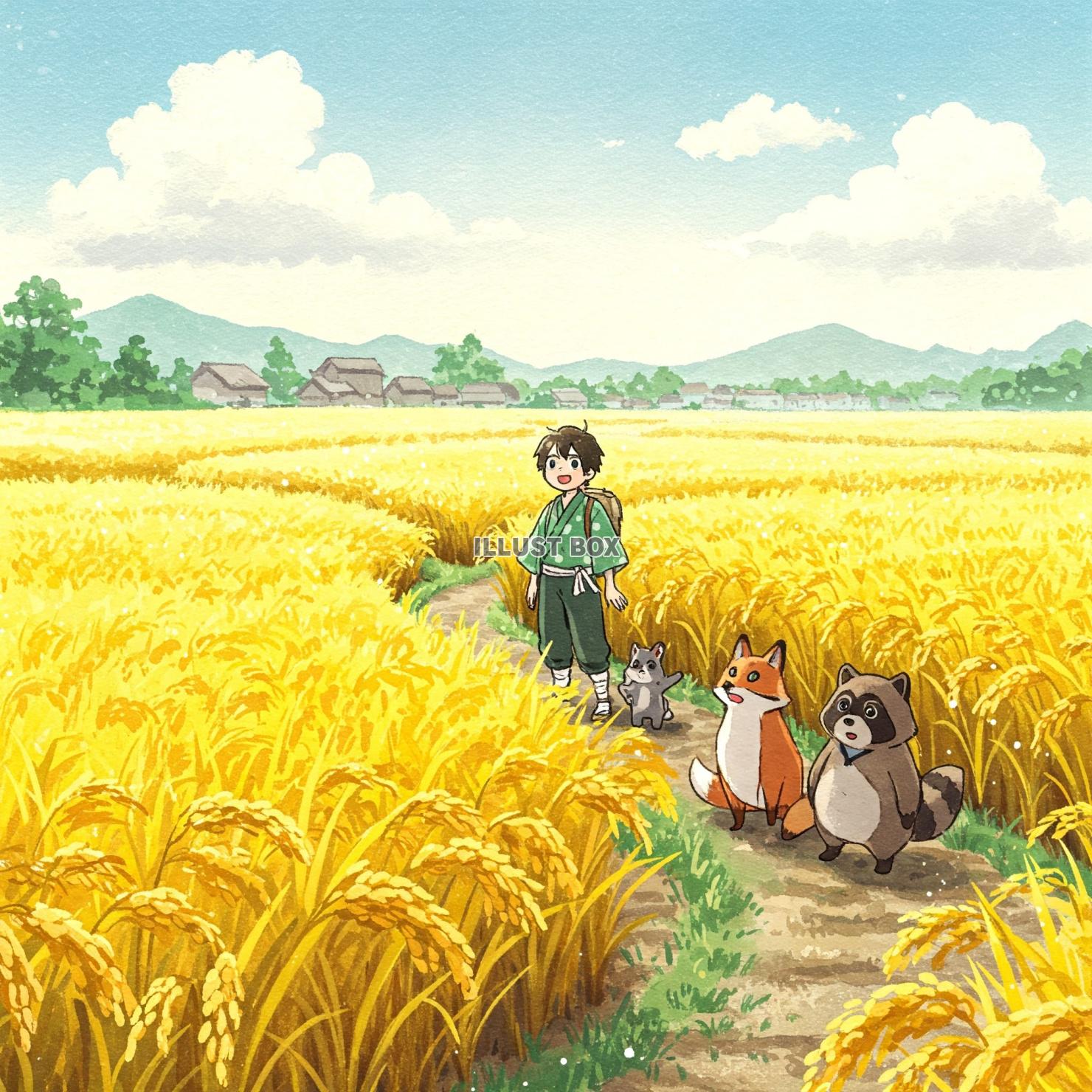 黄金色に輝く田んぼと少年と動物たちのイラスト素材　昔話風イラ...