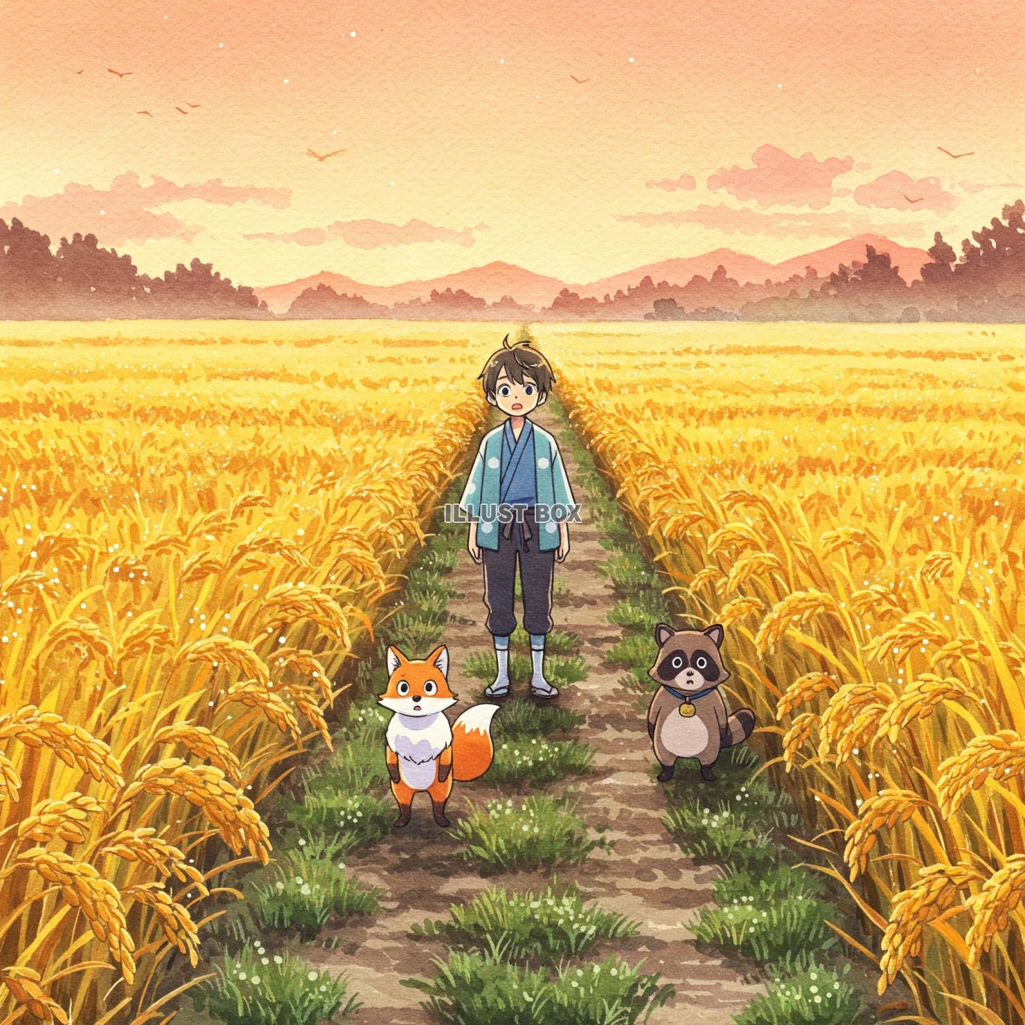 黄金色に輝く田んぼと少年と動物たちのイラスト素材　昔話風イラ...