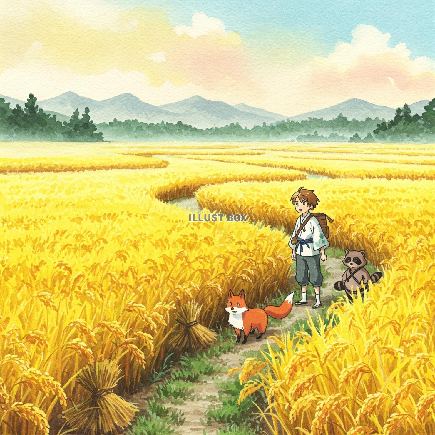 黄金色に輝く田んぼと少年と動物たちのイラスト素材　昔話風イラ...