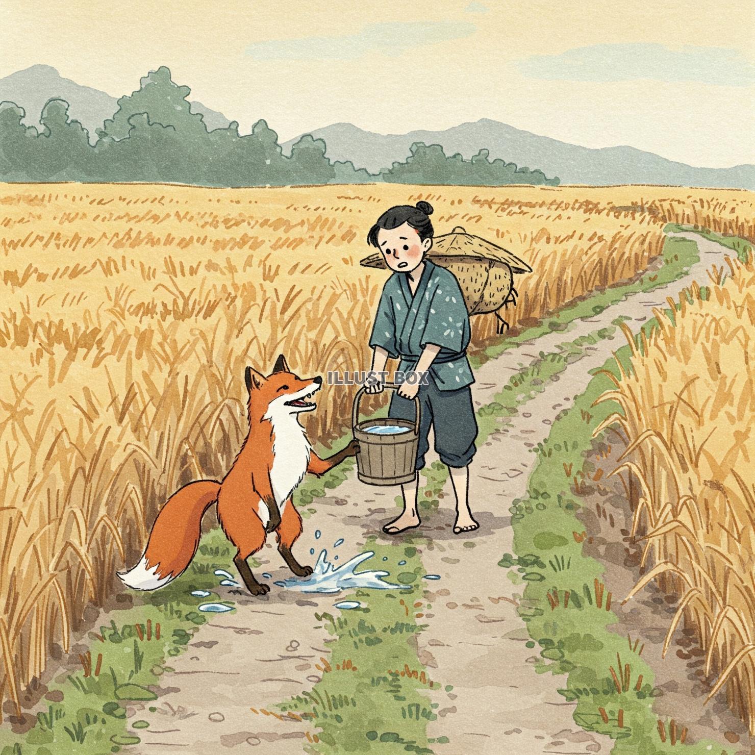 黄金色に輝く田んぼと少年と動物たちのイラスト素材　昔話風イラ...
