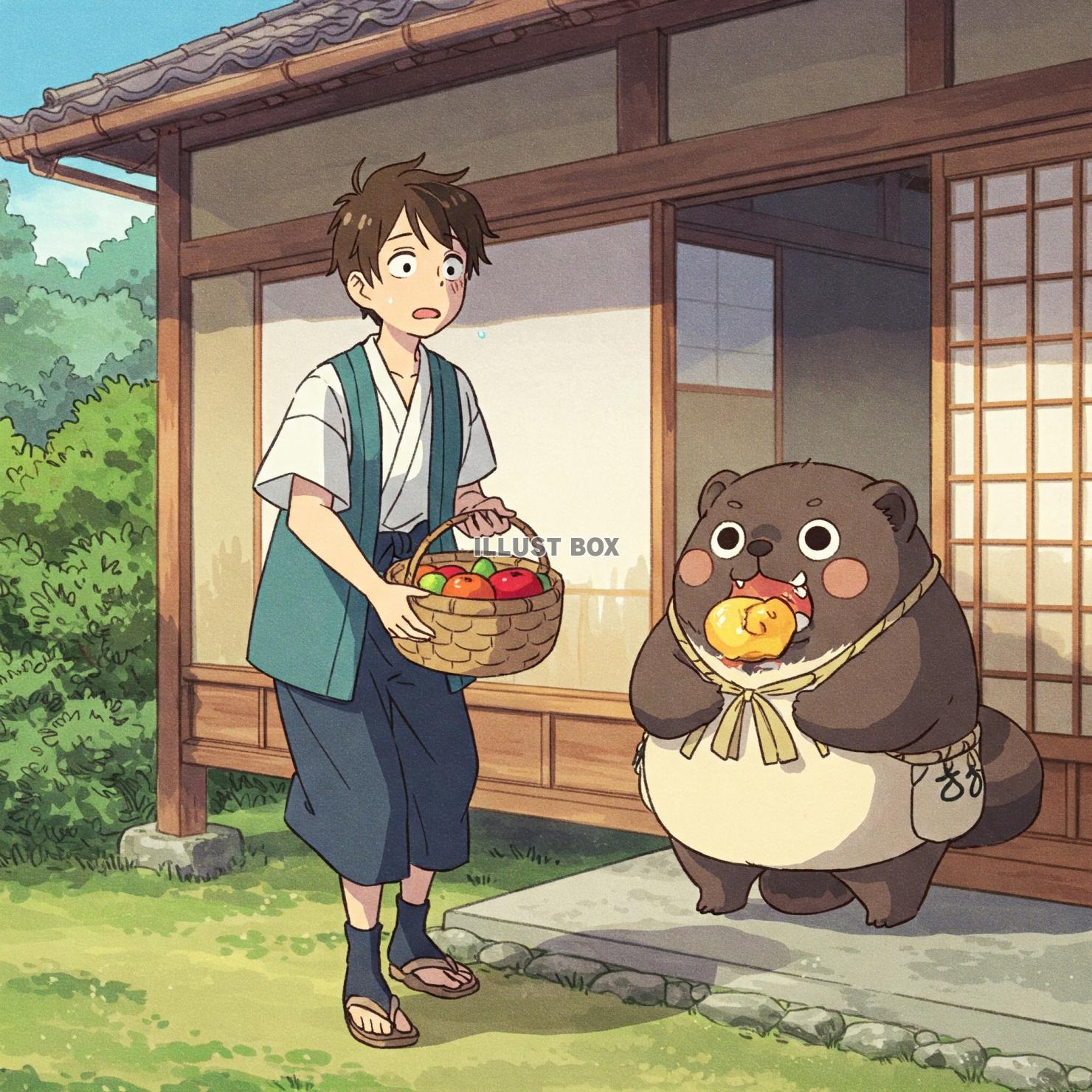 昔話の少年　タヌキに果物を食べられてしまう　昔話風