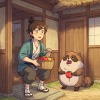 昔話の少年　タヌキに果物を食べられてしまう　昔話風　２