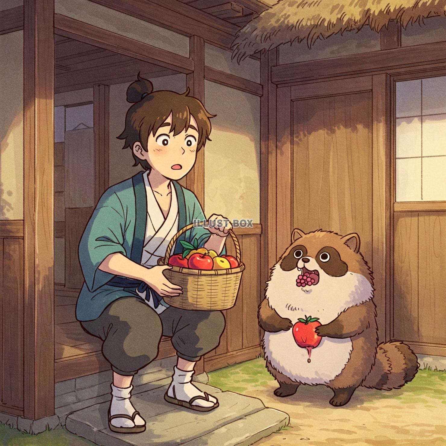 昔話の少年　タヌキに果物を食べられてしまう　昔話風　２