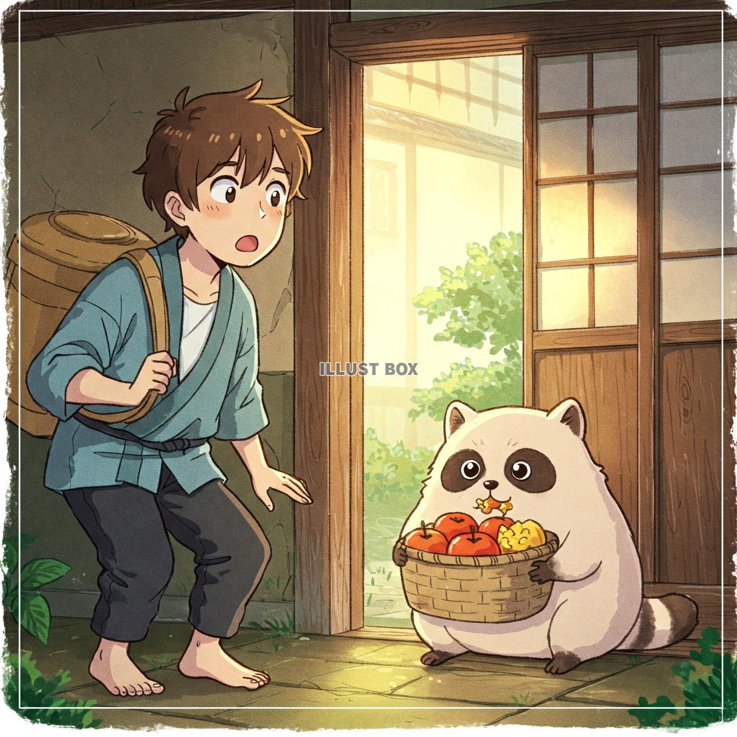 昔話の少年　タヌキに果物を食べられてしまう　昔話風　３