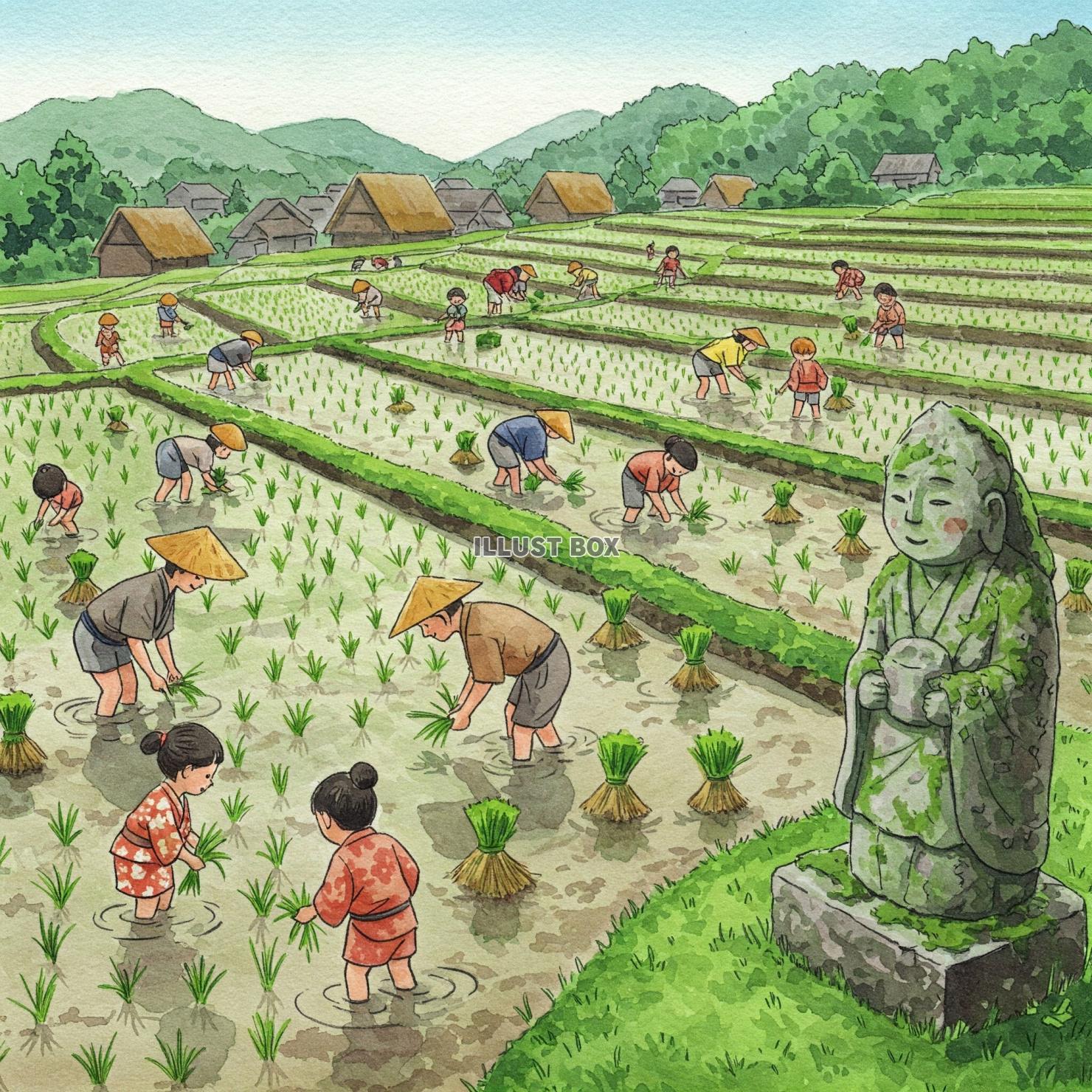 昔ながらの田植えをする家族と集落の美しい風景イラスト　からぶ...