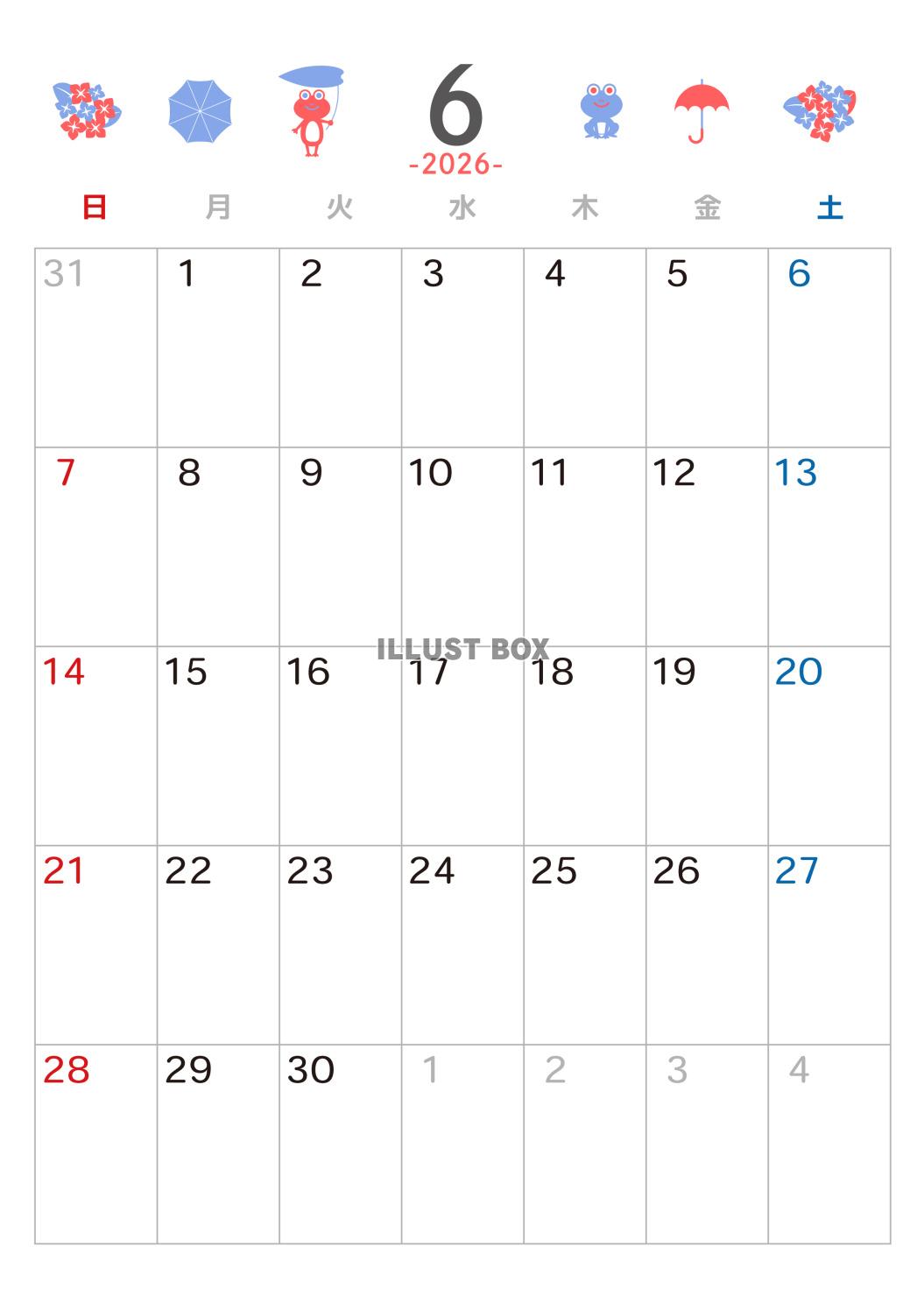 2026年6月 カレンダー　二色のアイコン　令和8年　A4縦