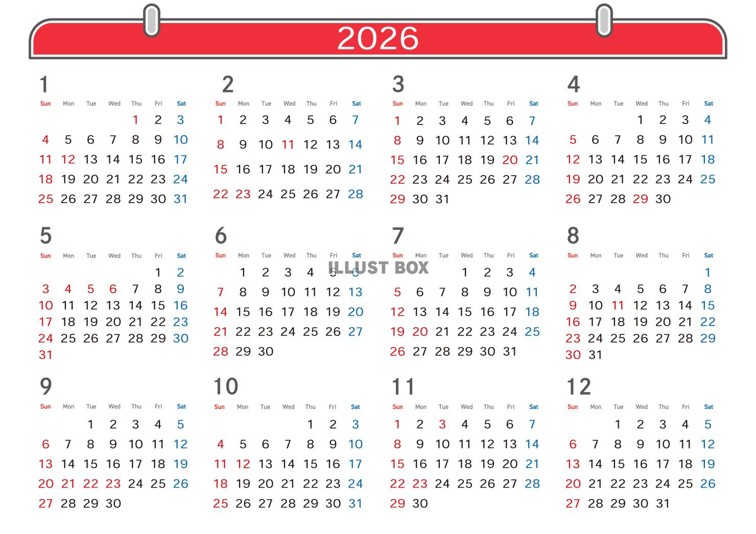 2026年　年間カレンダー　壁掛け風