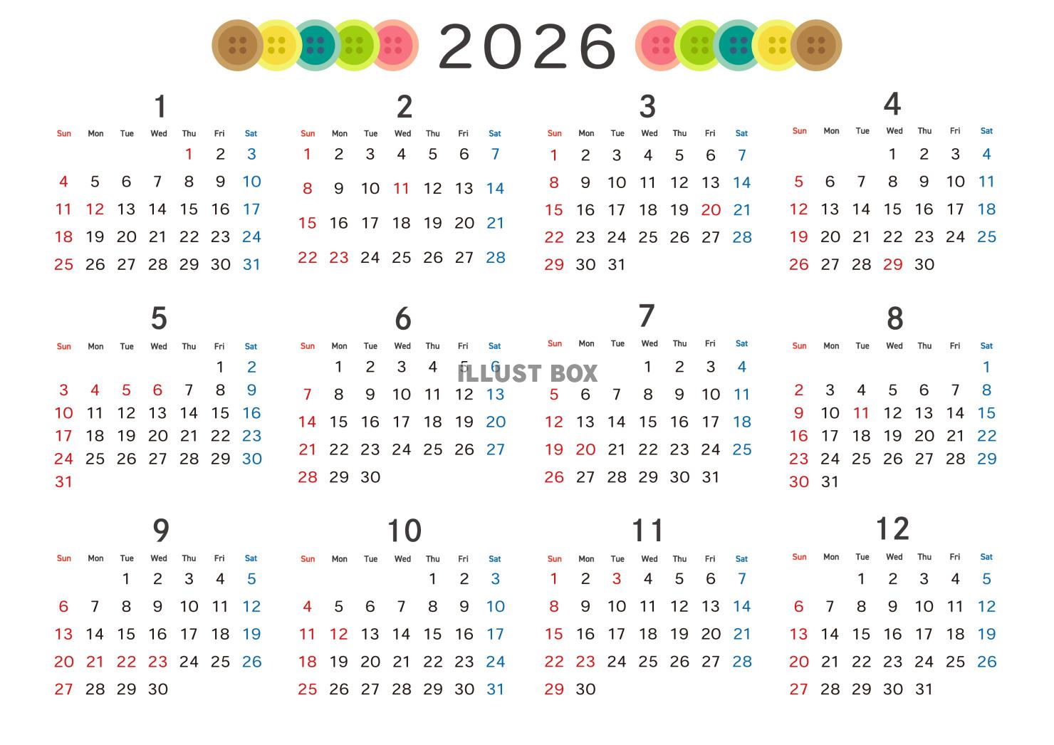 2026年　年間カレンダー　ボタン柄