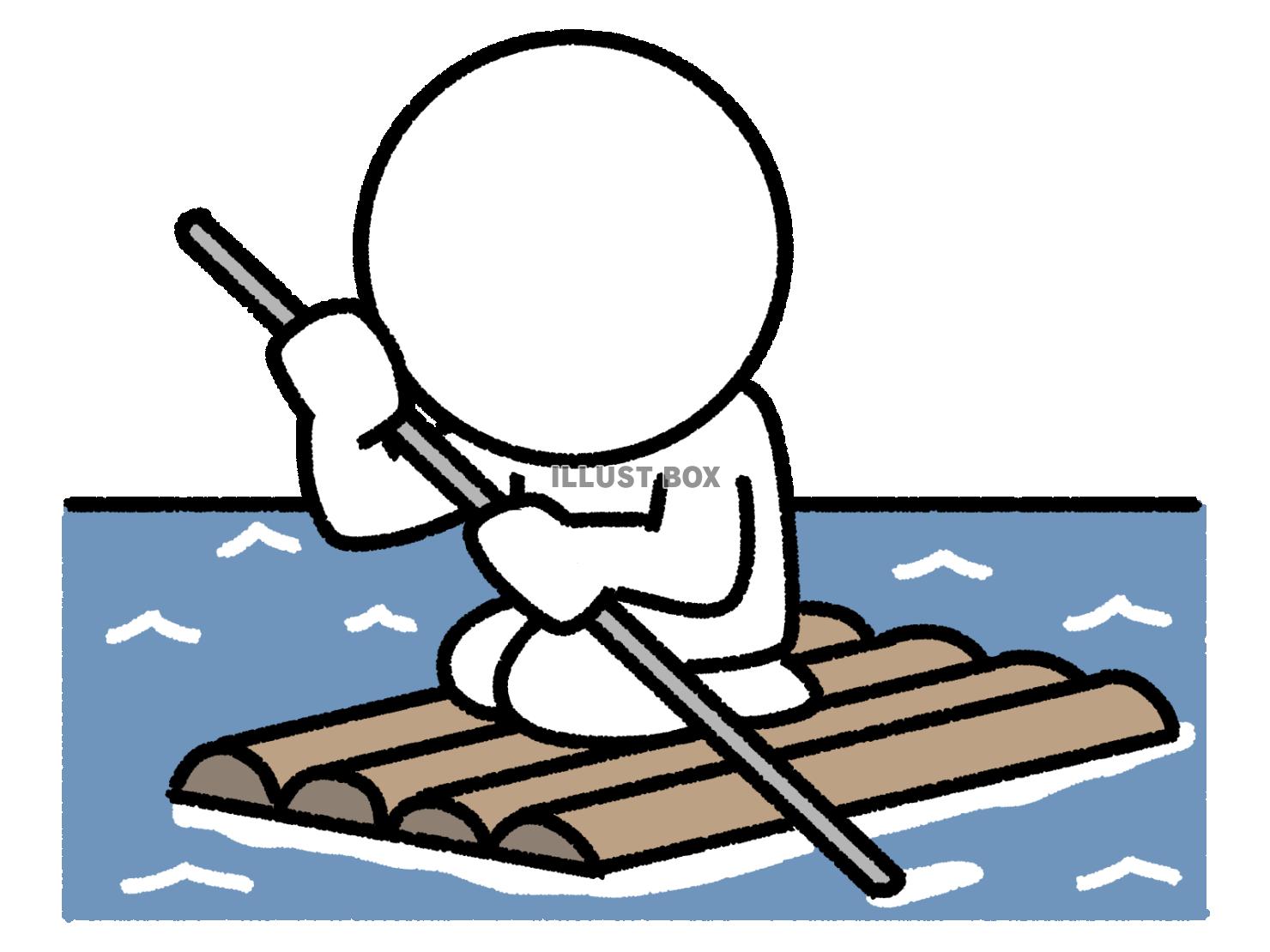 海の上で筏を漕ぐ棒人間