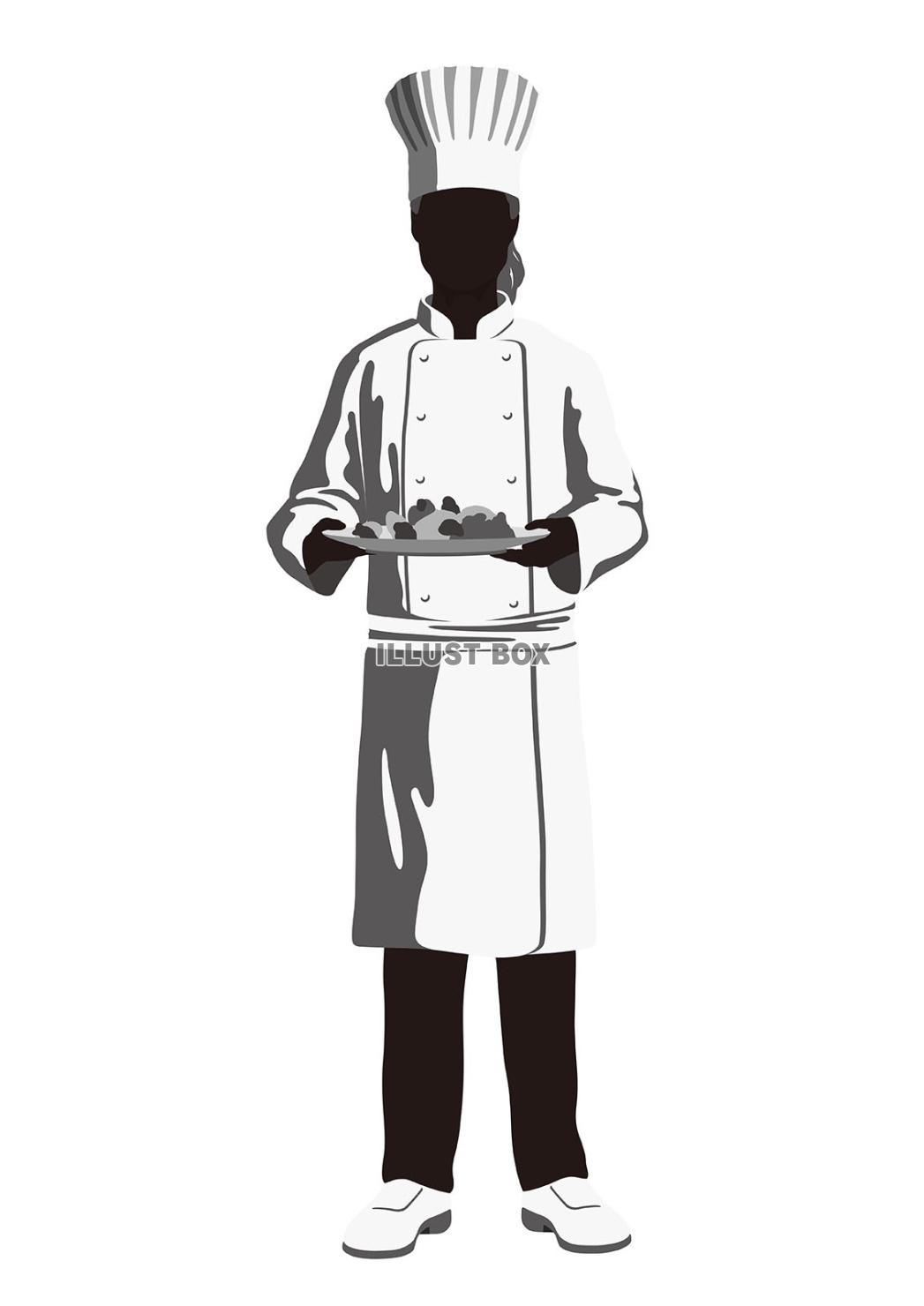 料理を持ったシェフの白黒イラスト