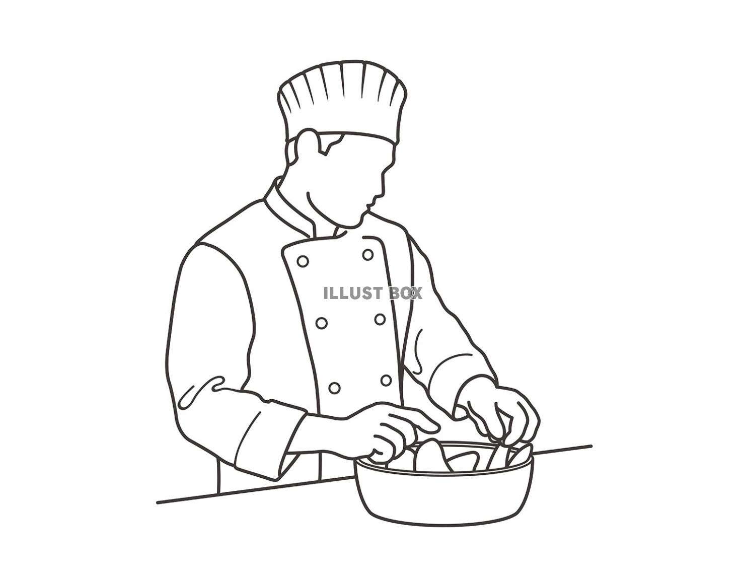 食材を用意するシェフの線画イラスト