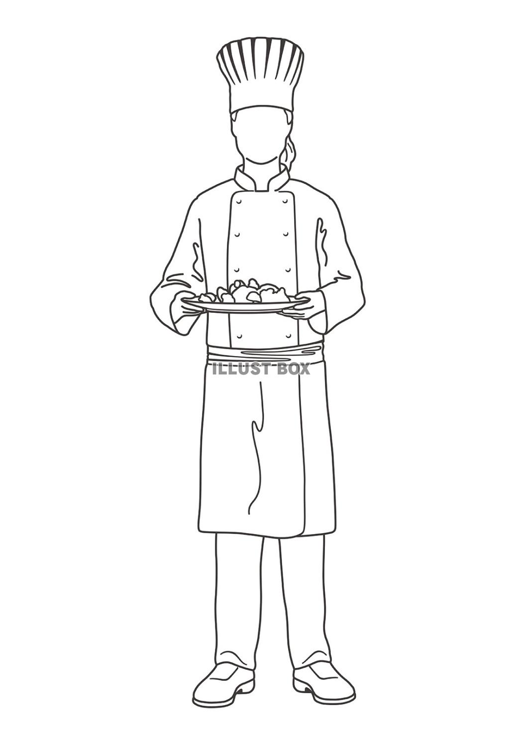 料理を持ったシェフの線画イラスト