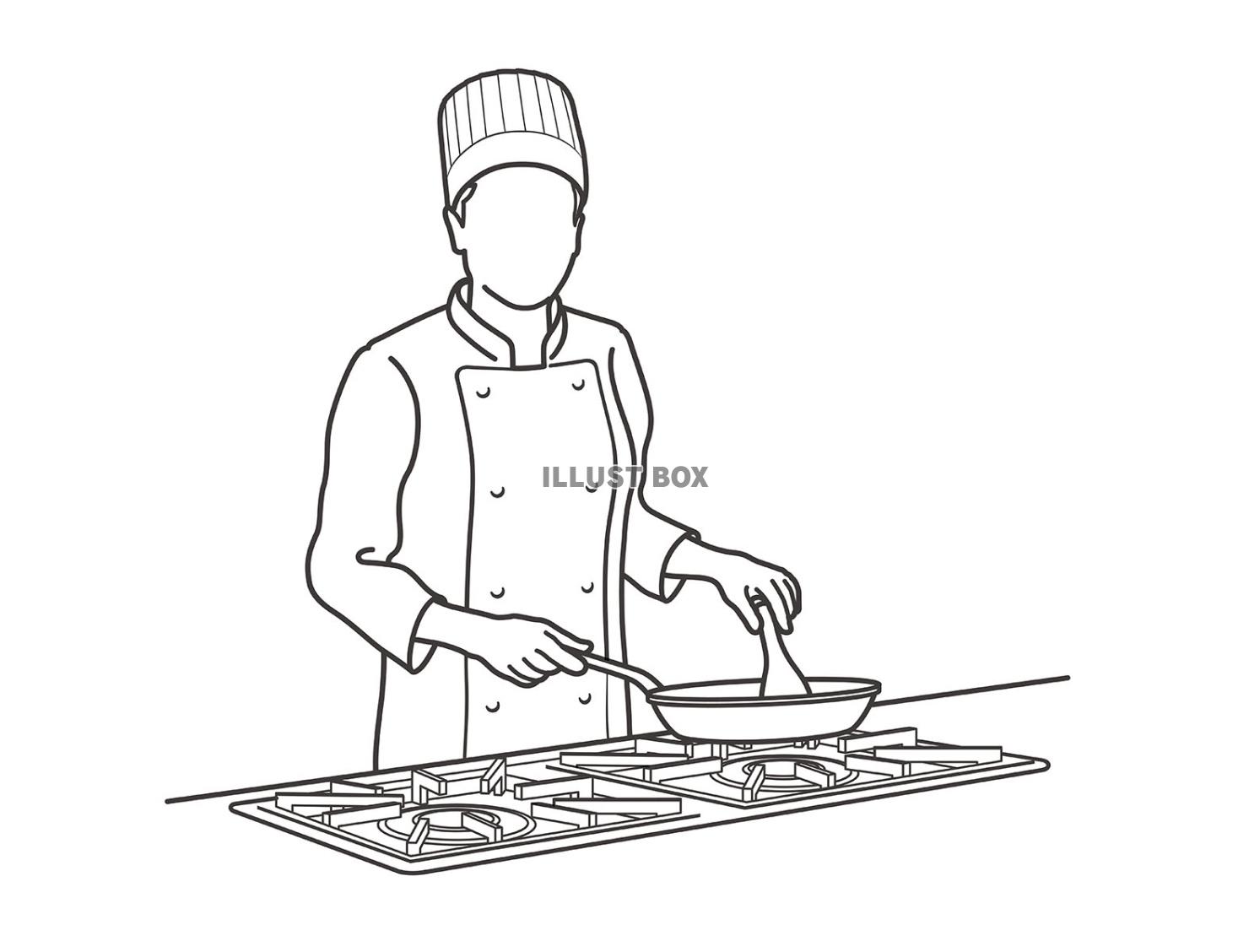 ガステーブルで料理をするシェフの線画イラスト