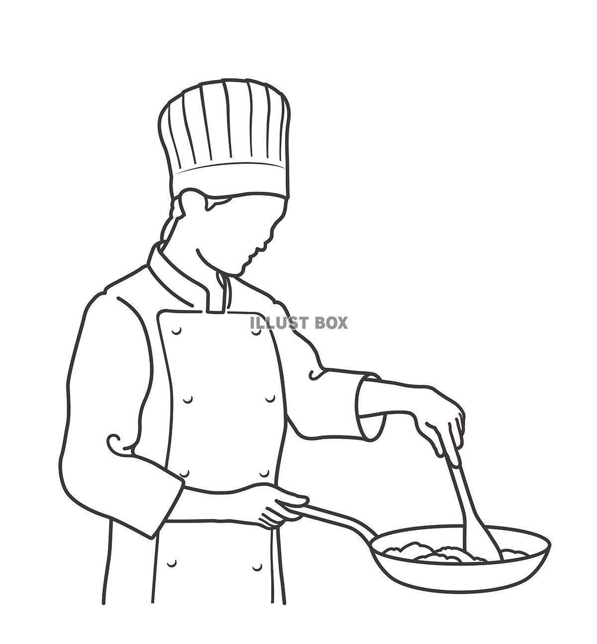 フライパンを持ったシェフの線画イラスト