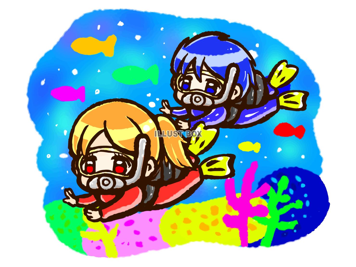 スキューバダイビングをする男の子と女の子のイラスト素材