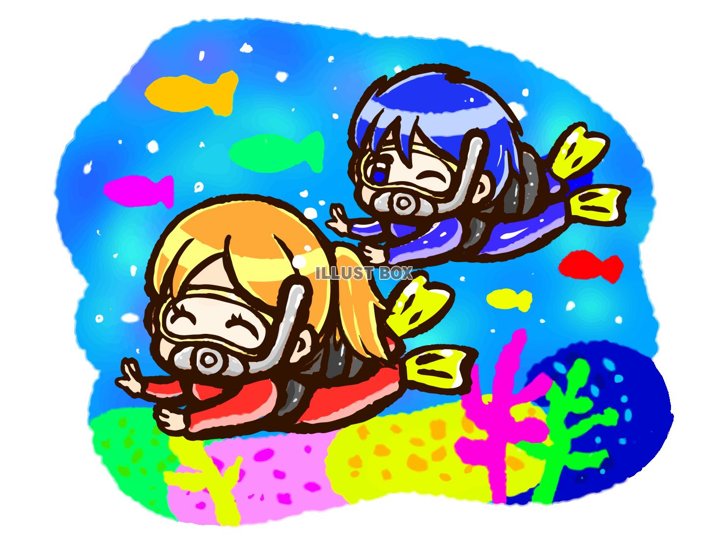 スキューバダイビングをする笑顔の男女のイラスト素材