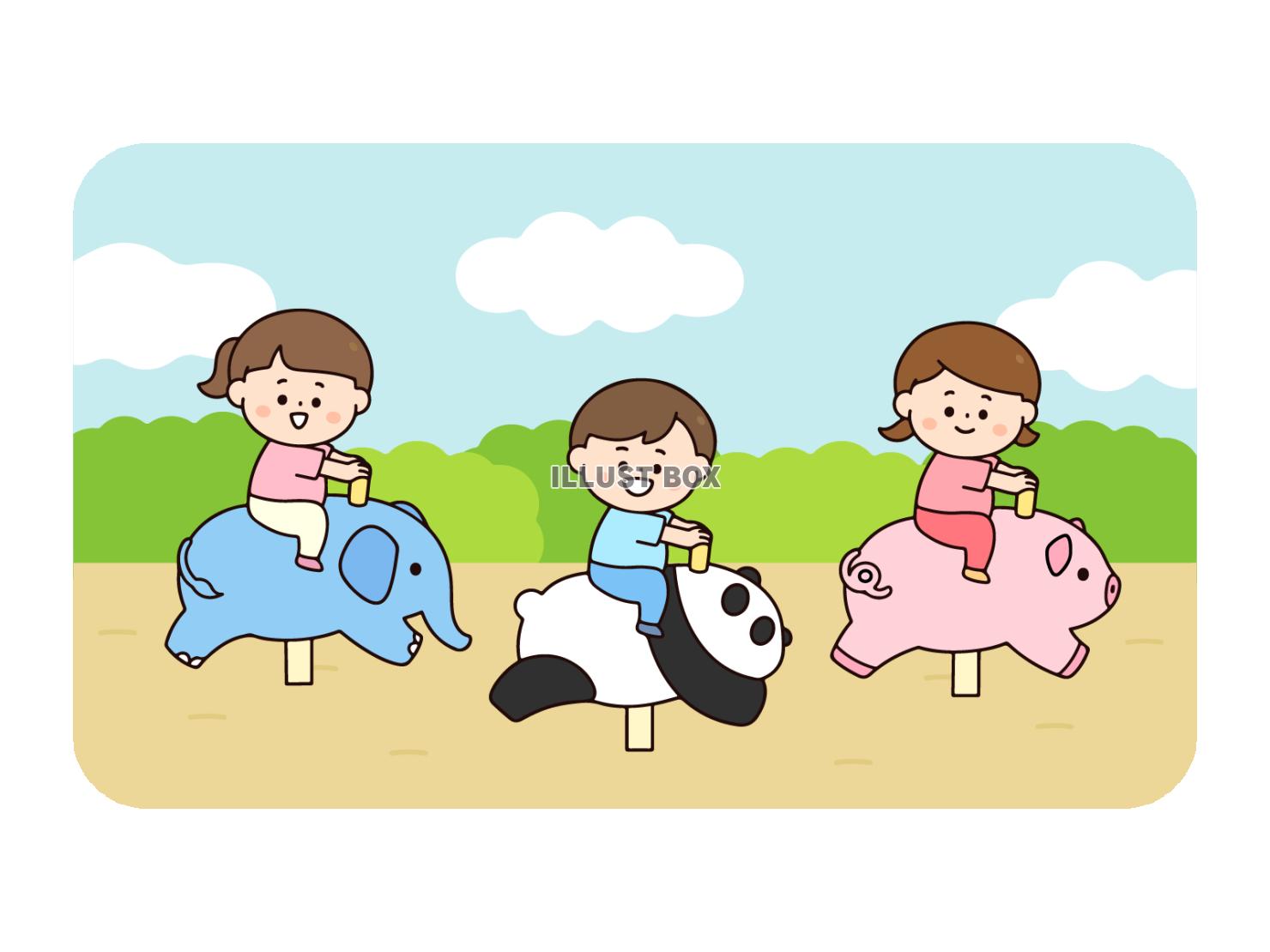 公園で動物の遊具にのる子どもたち