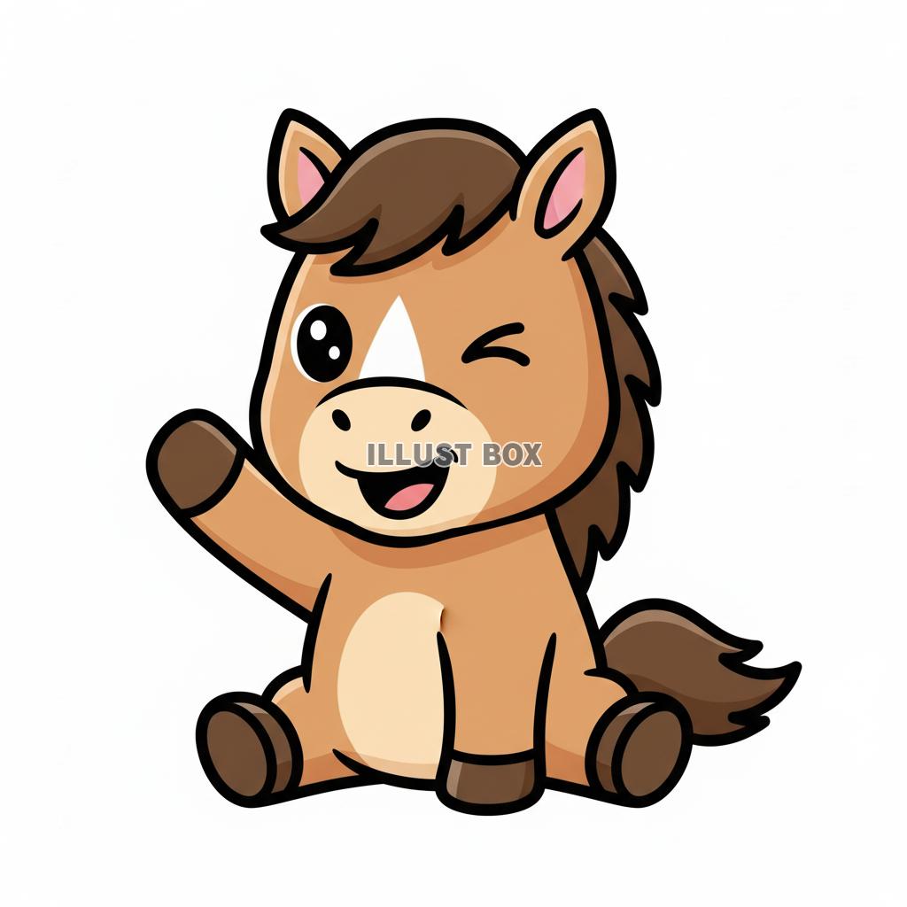 手を振ってあいさつする可愛い仔馬のデフォルメキャラクターイラ...