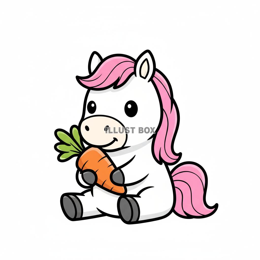 人参を食べる可愛い仔馬（白いポニー）のシンプルキャラクターイ...