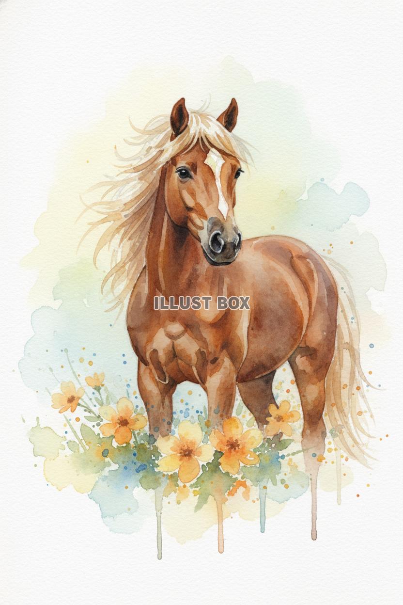 栗毛の美しい馬と黄色い花畑のリアル水彩画風イラスト【年賀状・...