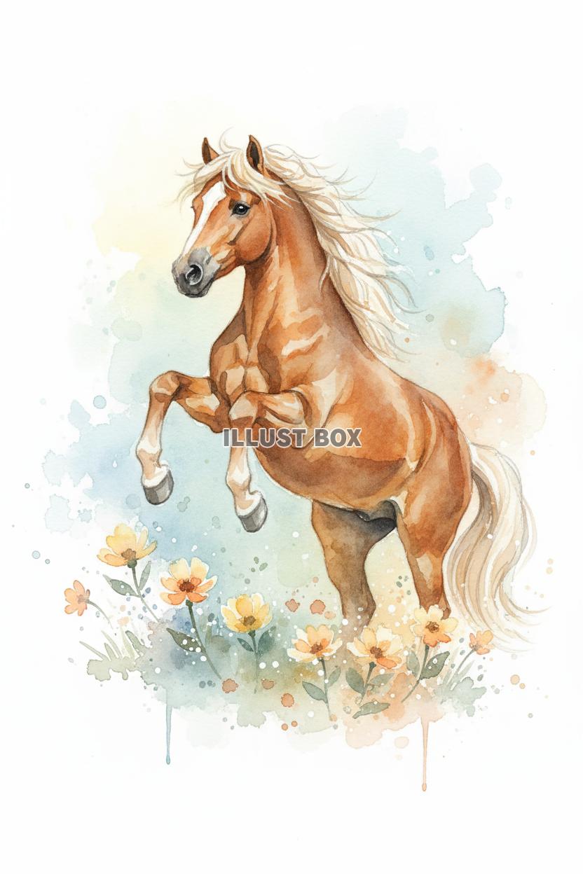 栗毛の美しい馬と黄色い花畑のリアル水彩画風イラスト【年賀状・...