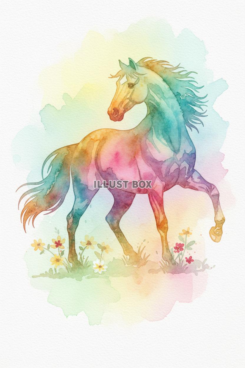 栗毛の美しい馬と黄色い花畑の虹色の水彩画風イラスト【年賀状・...