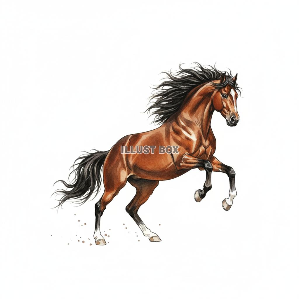 白背景 躍動感あふれる鹿毛の馬の力強いリアルイラスト【年賀状...
