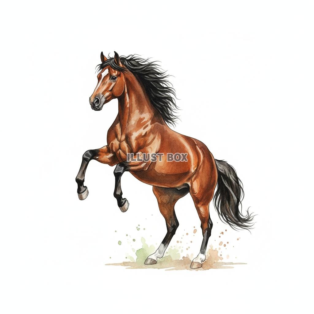 白背景 躍動感あふれる鹿毛の馬の力強いリアルイラスト【年賀状...