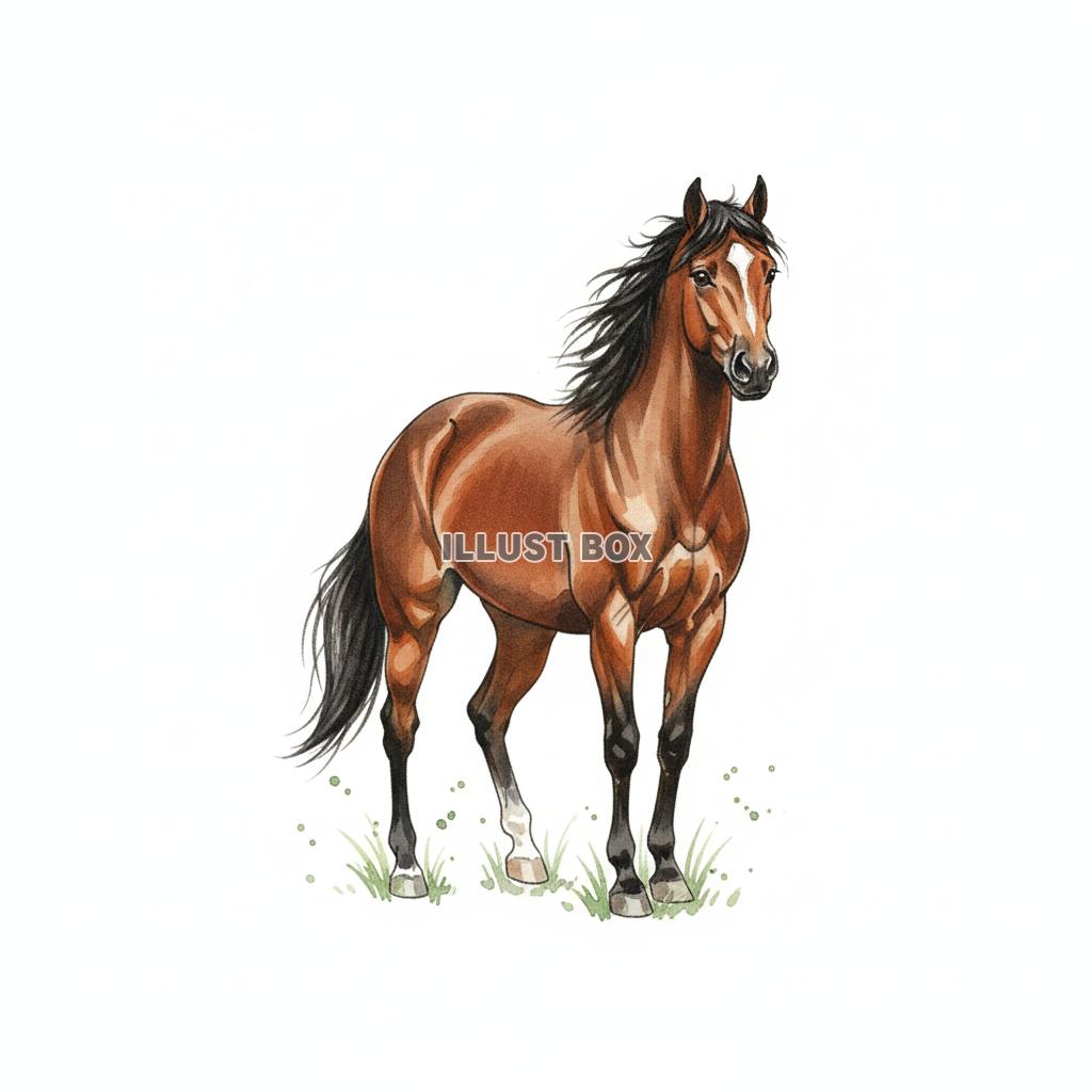 白背景 静かに立つ栗毛色の馬の力強いリアルイラスト【年賀状・...