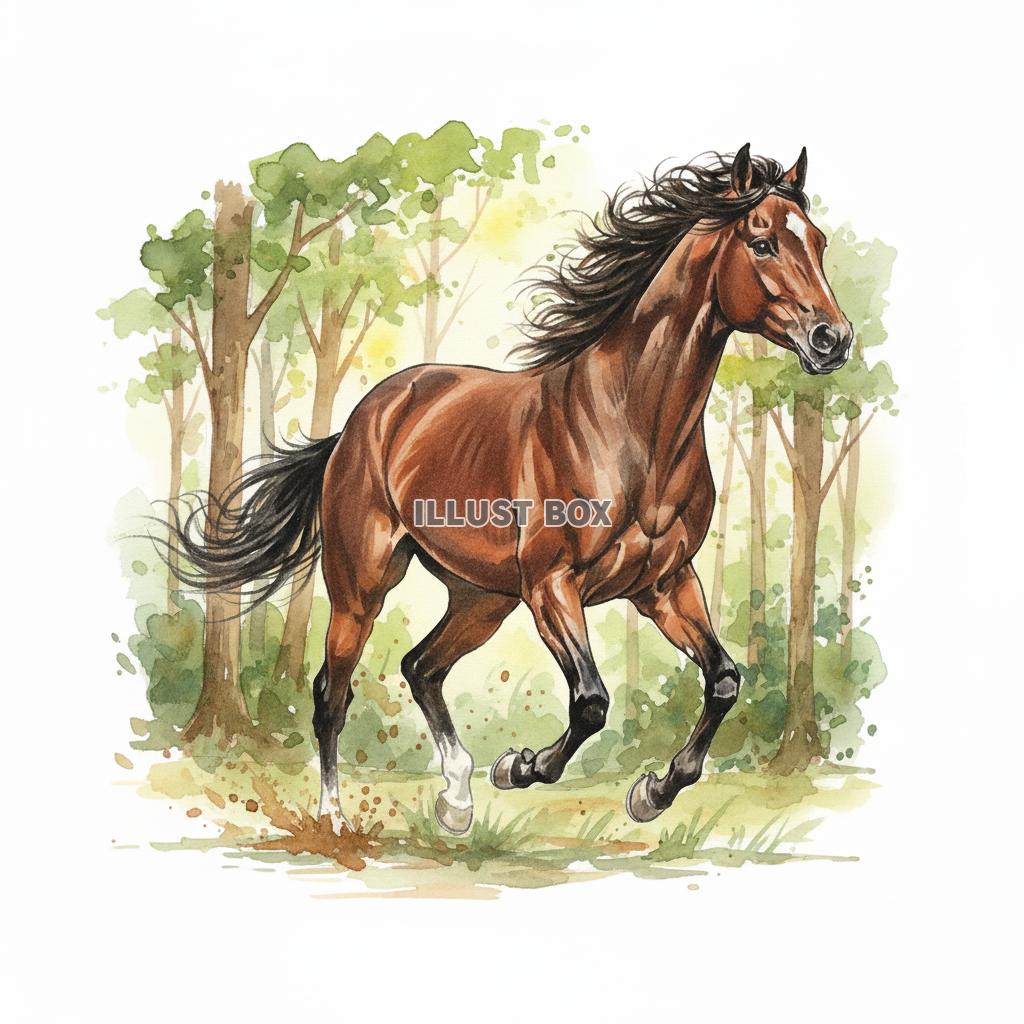 森の木漏れ日の中を駆ける栗毛の馬のリアル水彩画風イラスト【年...