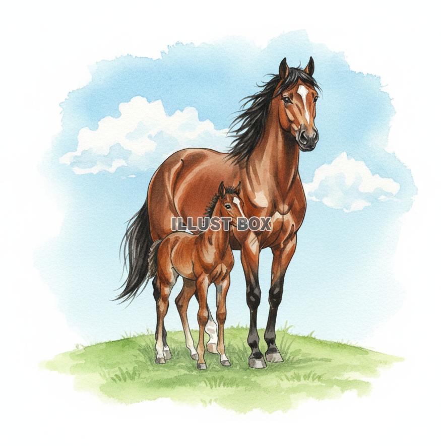 青空の下、丘の上に立つ栗毛の親子の馬のリアル水彩画風イラスト...