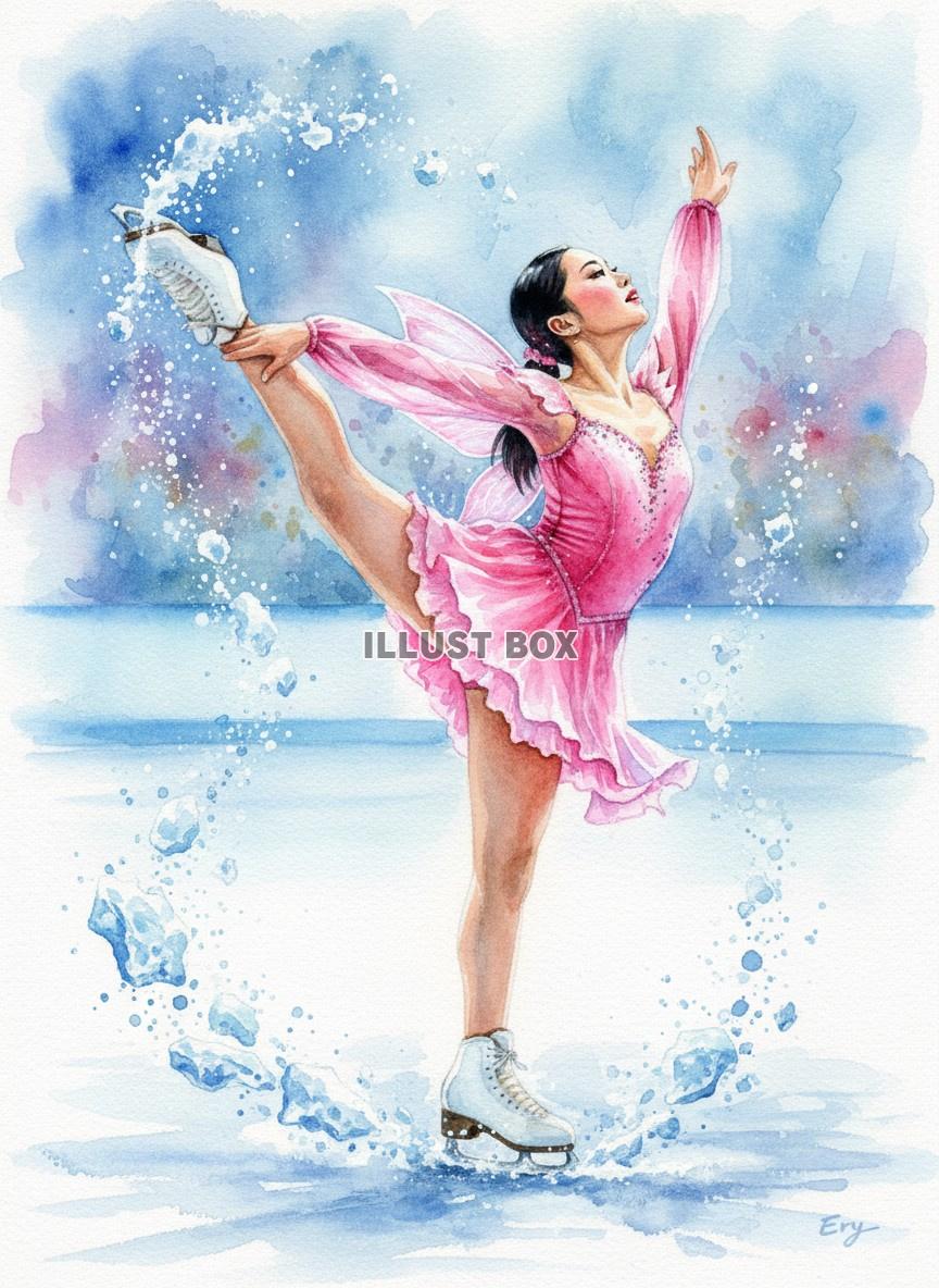 水しぶきを上げる女性フィギュアスケーターの華やかな水彩イラス...