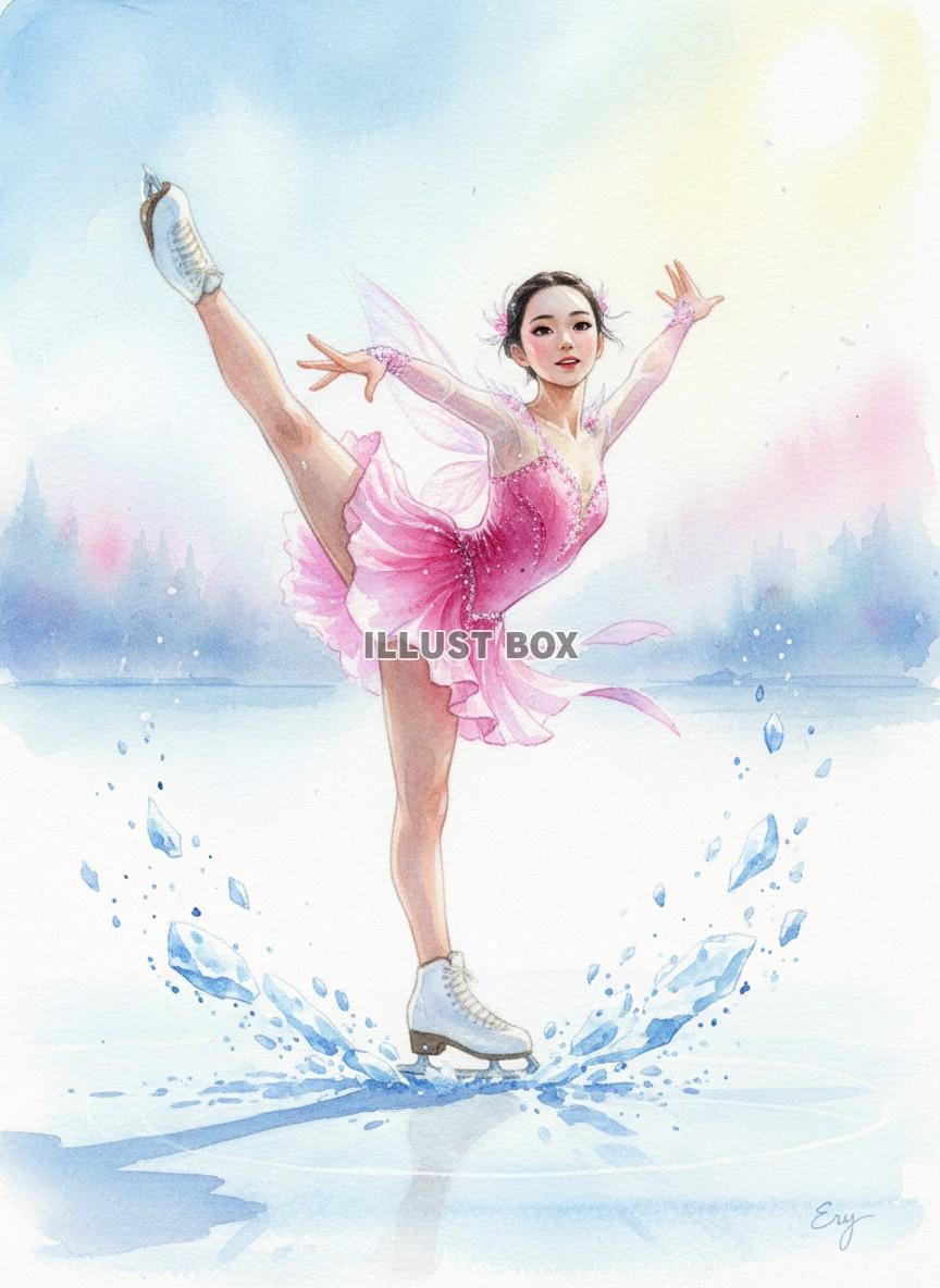 水しぶきを上げる女性フィギュアスケーターの華やかな水彩イラス...