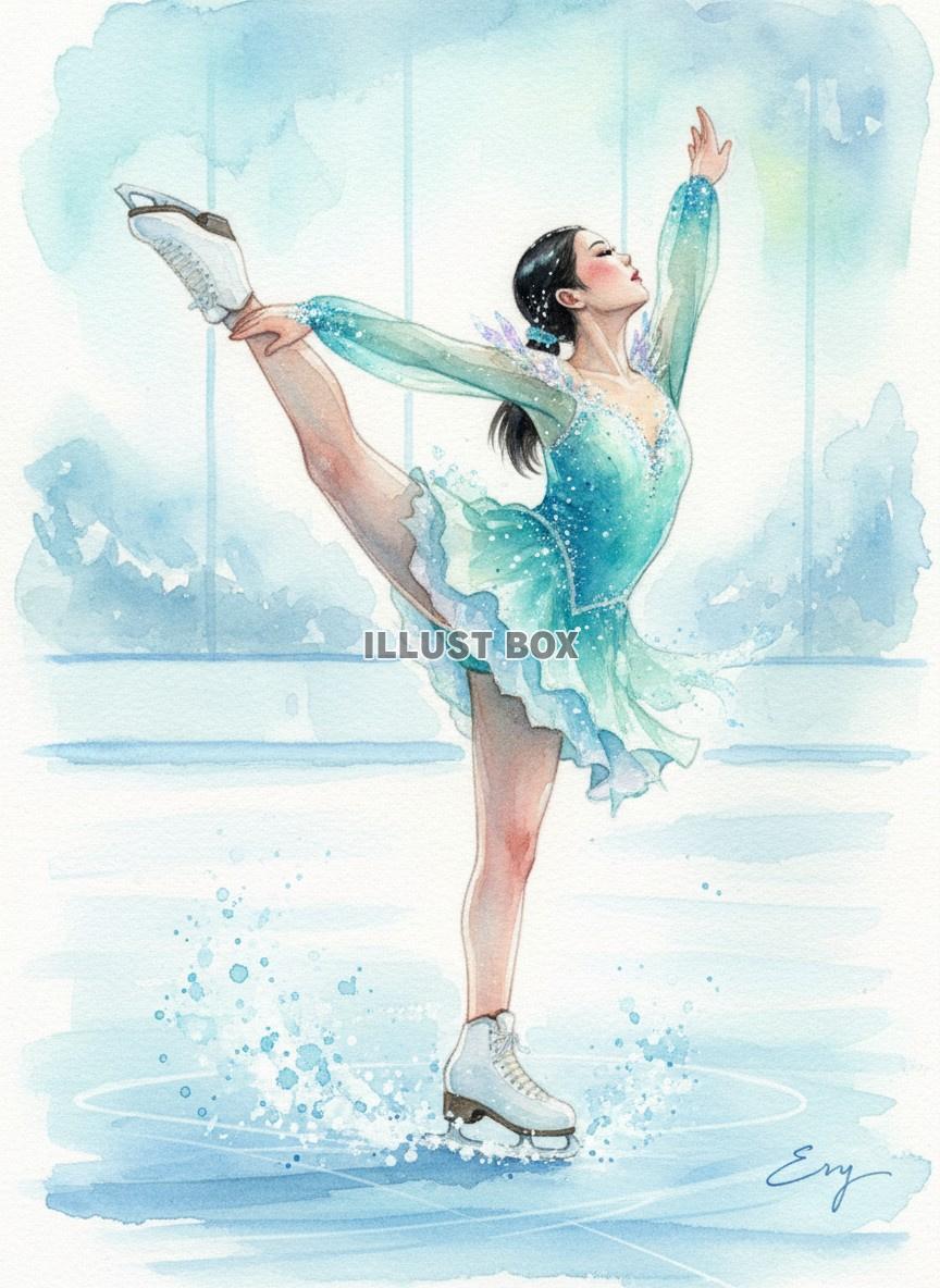 水しぶきを上げる女性フィギュアスケーターの華やかな水彩イラス...