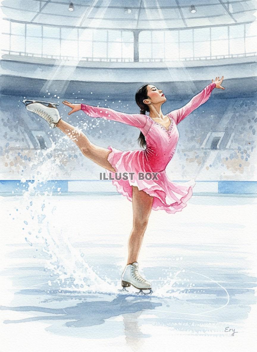 競技場で優雅に滑る女性フィギュアスケーターの華やか水彩イラス...