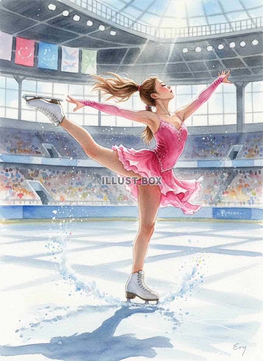 競技場で優雅に滑る女性フィギュアスケーターの華やか水彩イラス...