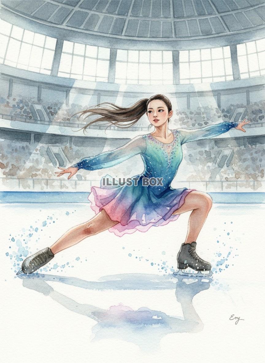 競技場で優雅に滑る女性フィギュアスケーターの華やか水彩イラス...