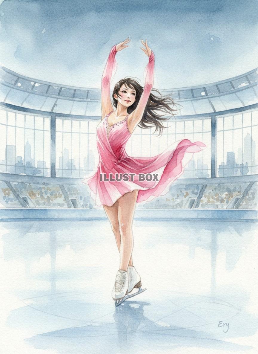 競技場で優雅に滑る女性フィギュアスケーターの華やか水彩イラス...