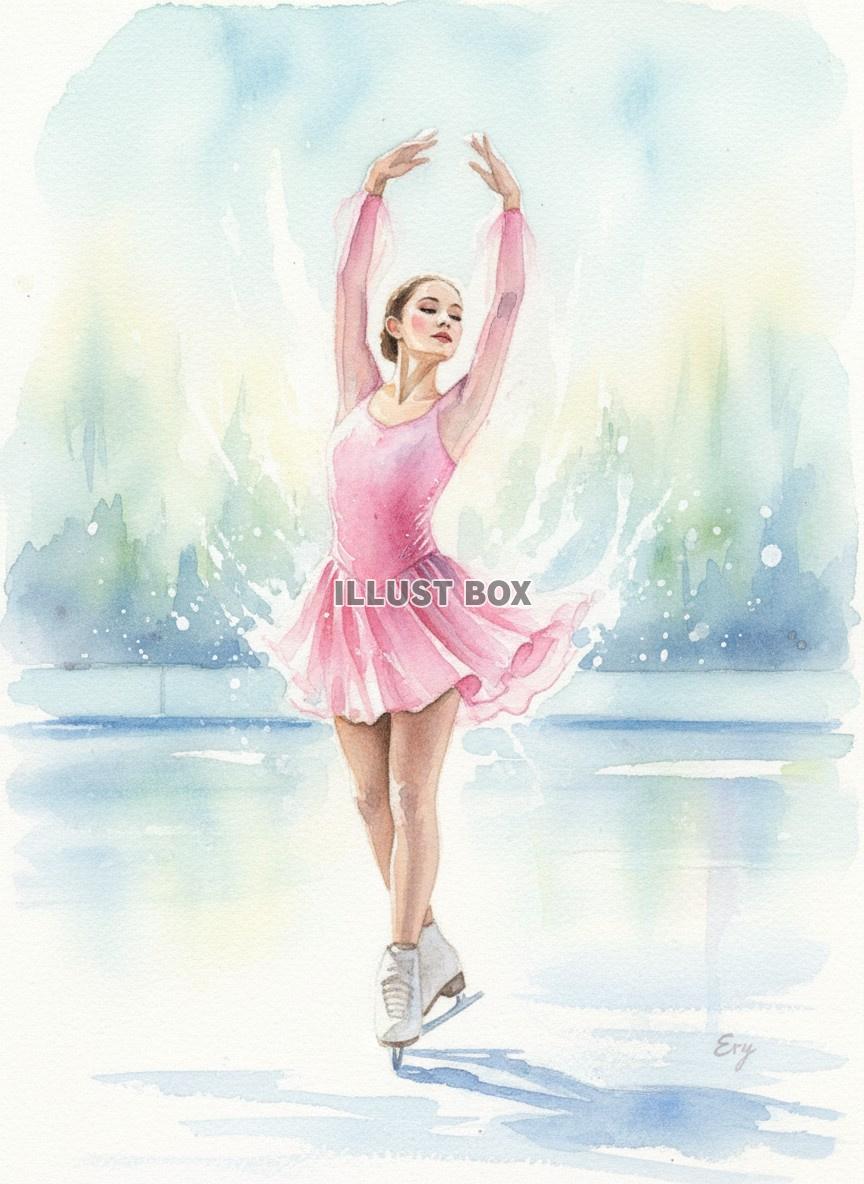 競技場で優雅に滑る女性フィギュアスケーターの華やか水彩イラス...