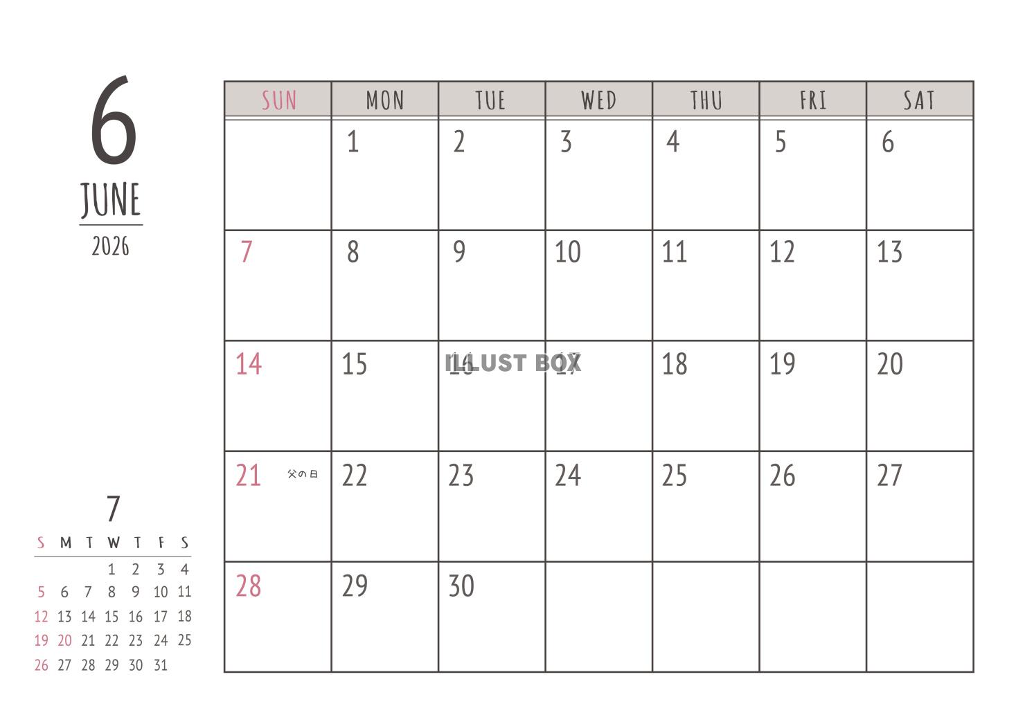 2026年 6月 書き込みシンプルカレンダー(A4 )ヨコ