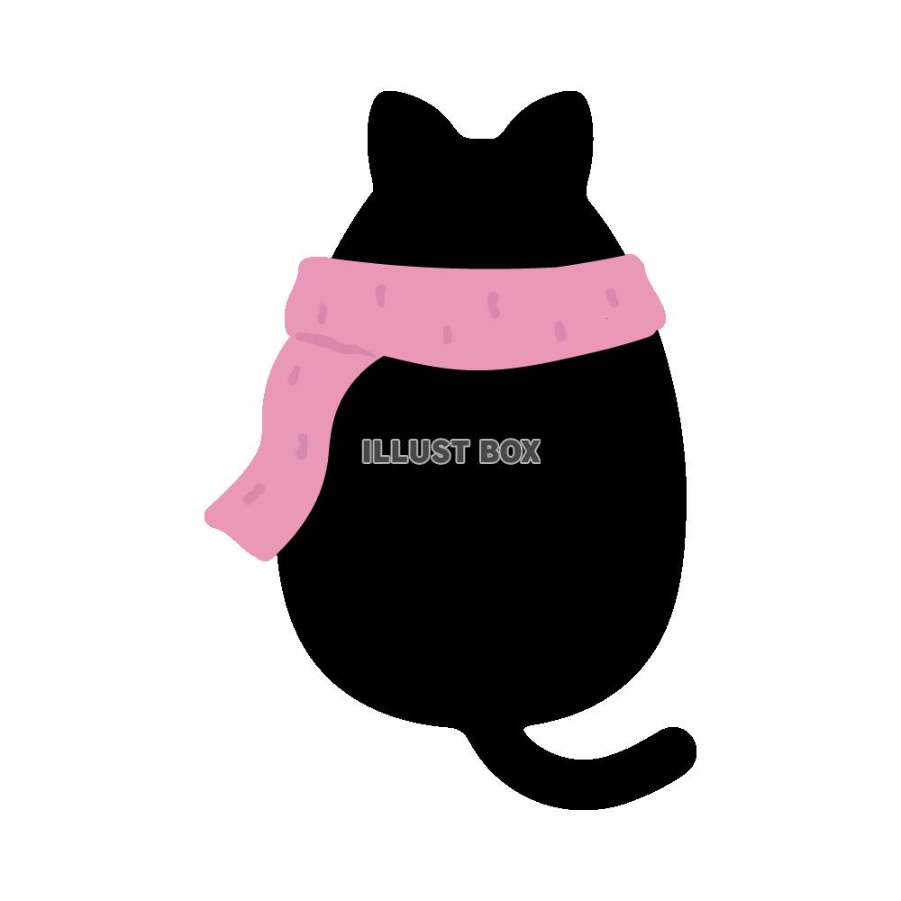 ピンクのマフラーを巻いた黒猫の後ろ姿