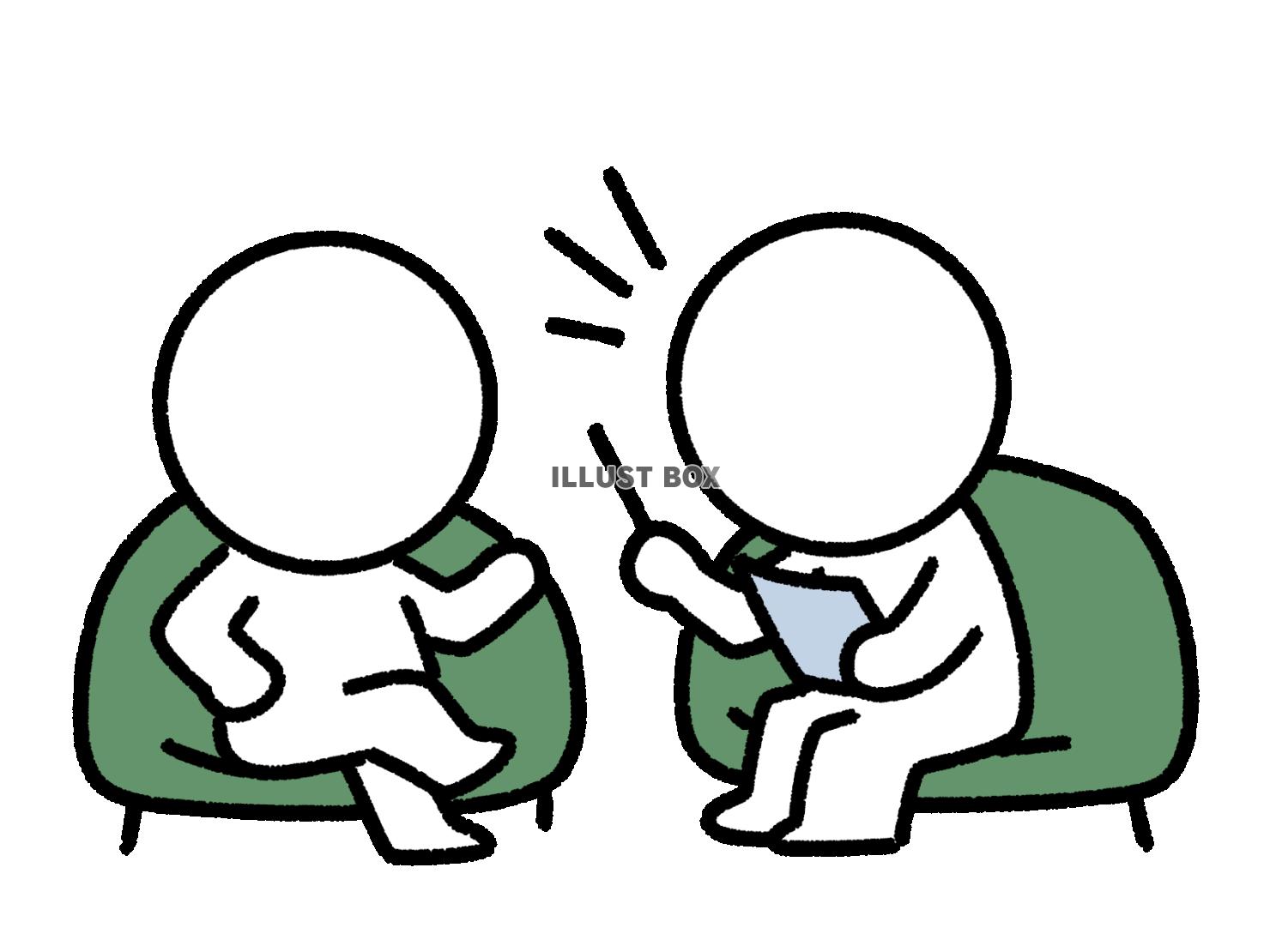 椅子に座って取材を受ける棒人間