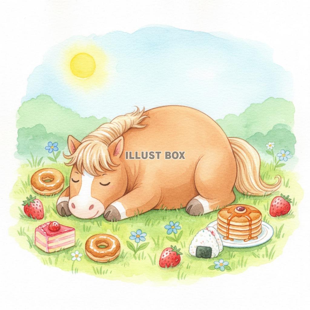 午年のイラスト 草原でお昼寝する馬とスイーツ ドーナツとパン...
