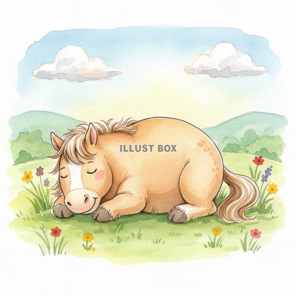 午年のイラスト 草原でお昼寝する馬