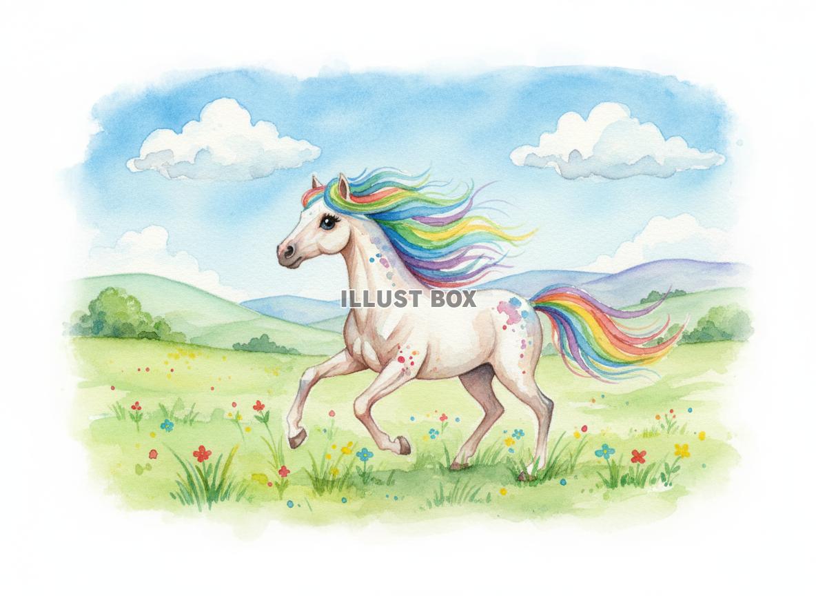 午年のイラスト 虹色のたてがみと尻尾の馬が走る草原の風景 水...