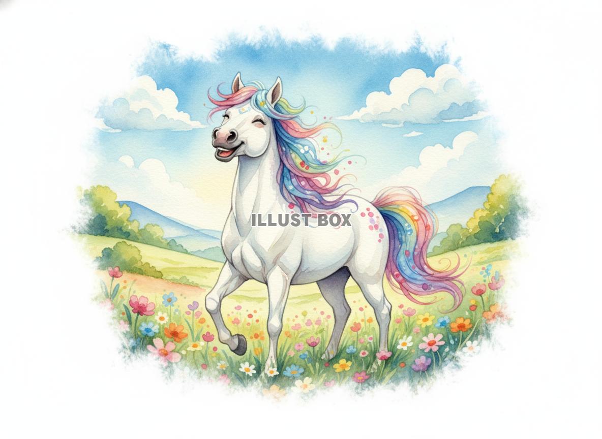 午年のイラスト 虹色のたてがみと尻尾の馬が走る草原の風景 水...