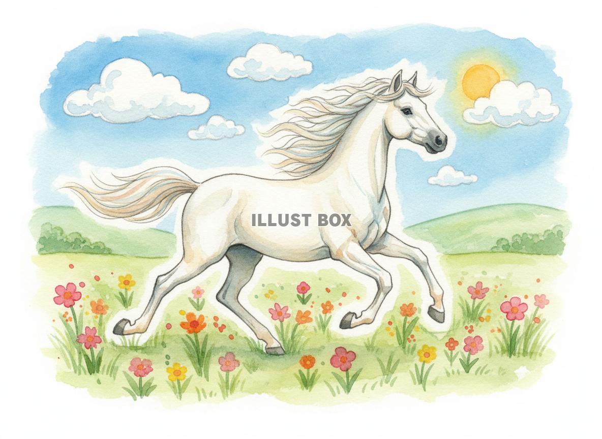 午年のイラスト 花畑の草原を力強く駆ける白い馬の美しい水彩画...
