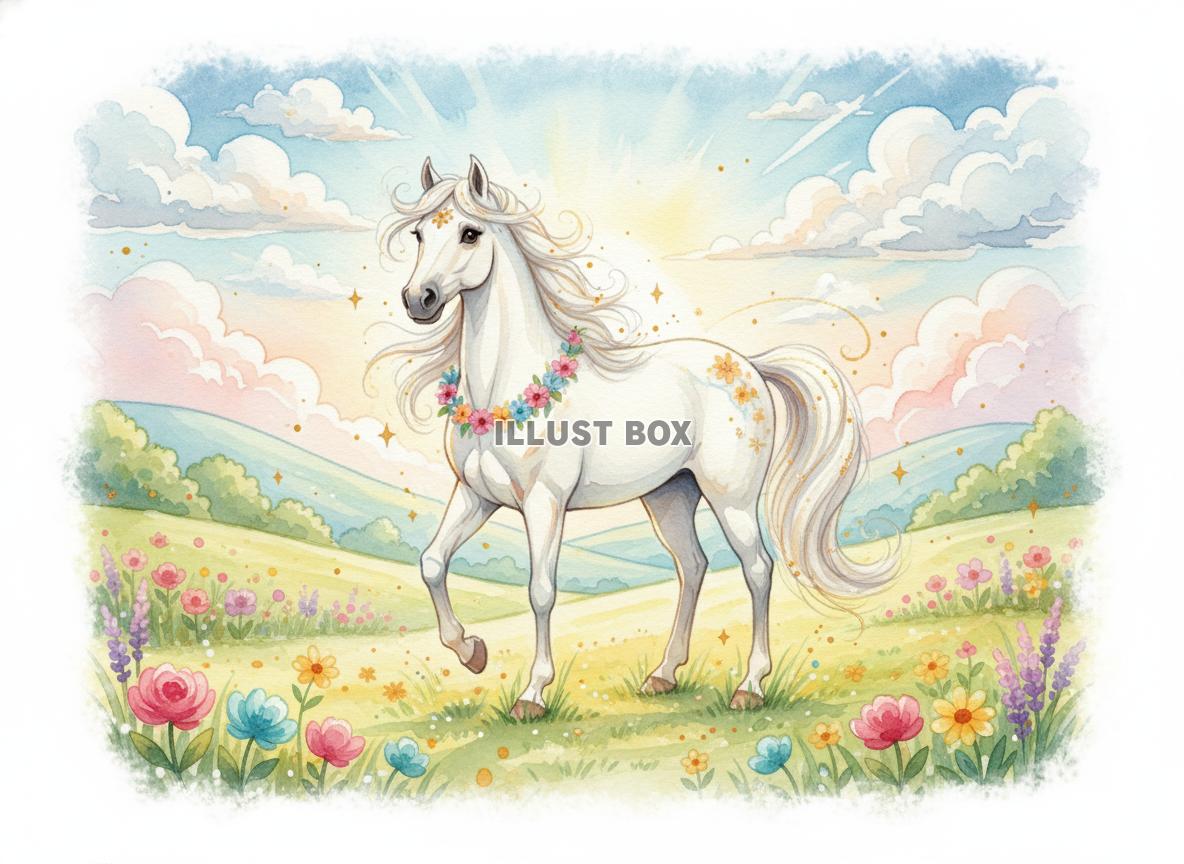 午年のイラスト 花畑の草原を力強く駆ける白い馬の美しい水彩画...