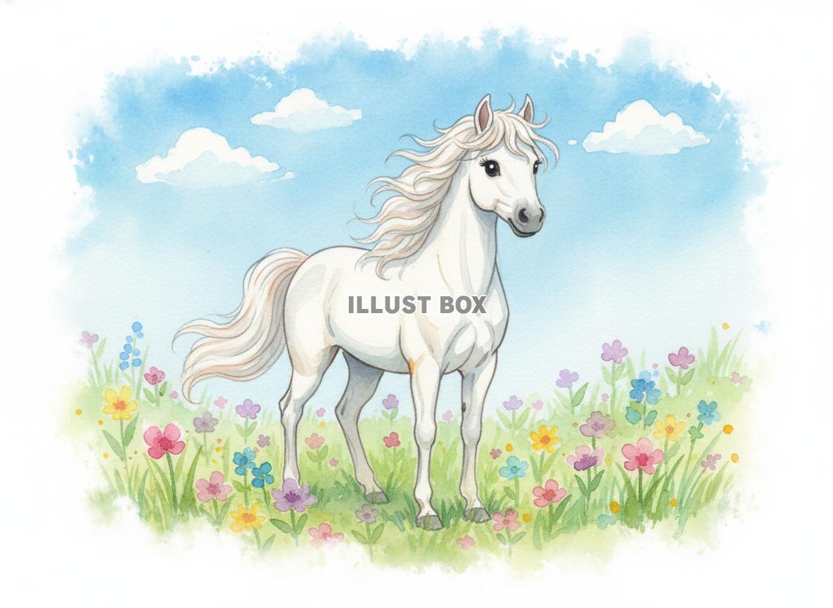 午年のイラスト 花咲く草原に立つ美しい白馬の全身像を描いた水...